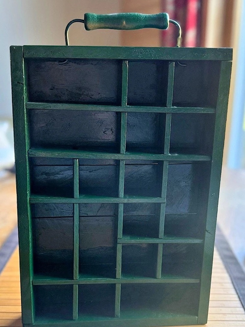 Vintage Forest Green Multi-Compartment Wooden Curio Display Shelf